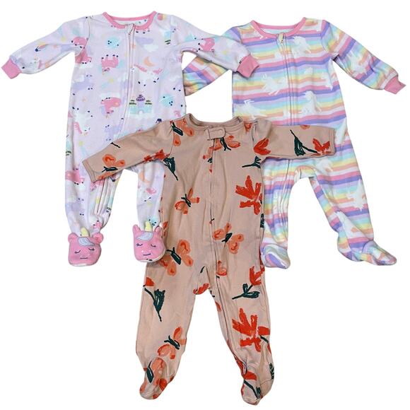 Girls One Piece Romper Baby Sleepwear 9M Lot of 3 Pajamas Long Sleeves Mixed - Picture 1 of 5